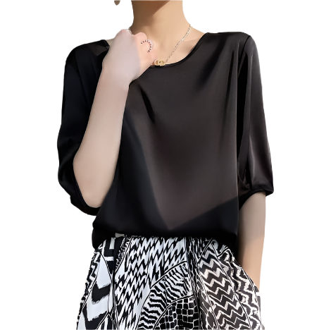 Trendy Round Neck Solid Color Luxurious Acetate Satin Versatile Women's Blouse- B6-TOP-B618