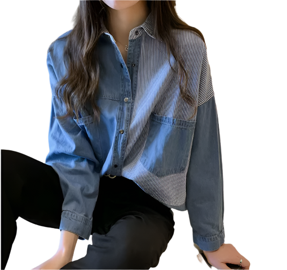 Denim Patchwork Striped Comfortable Women's Shirt TOP-B1-BL-286