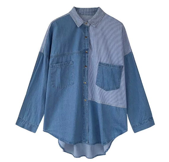 Denim Patchwork Striped Comfortable Women's Shirt TOP-B1-BL-286