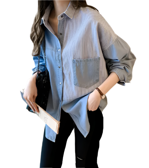 Denim Patchwork Striped Comfortable Women's Shirt TOP-B1-BL-286