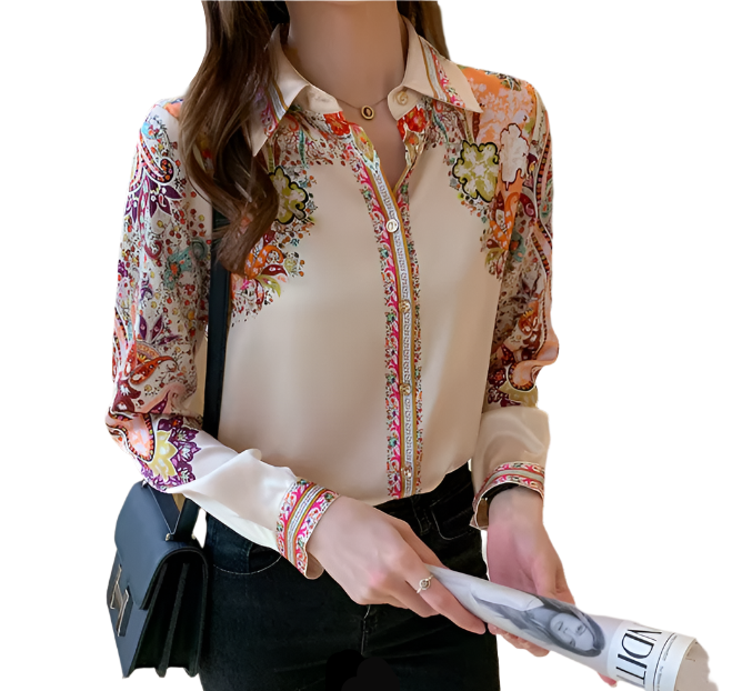 Trendy & Elegant Printed Silk Long Sleeved Women's Shirts - B6-TOP-B677