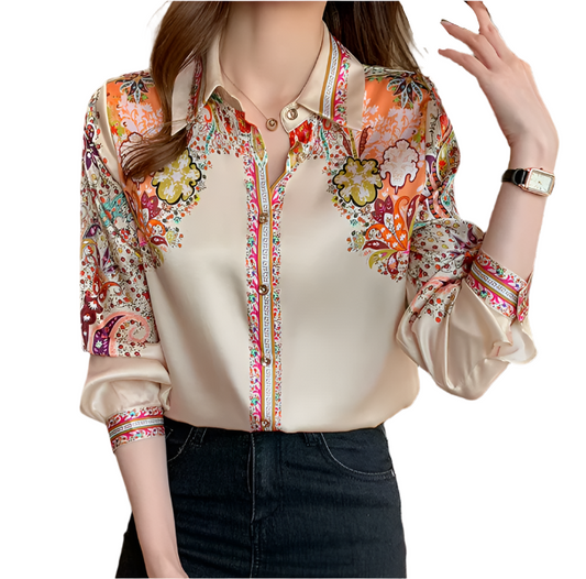 Trendy & Elegant Printed Silk Long Sleeved Women's Shirts - B6-TOP-B677