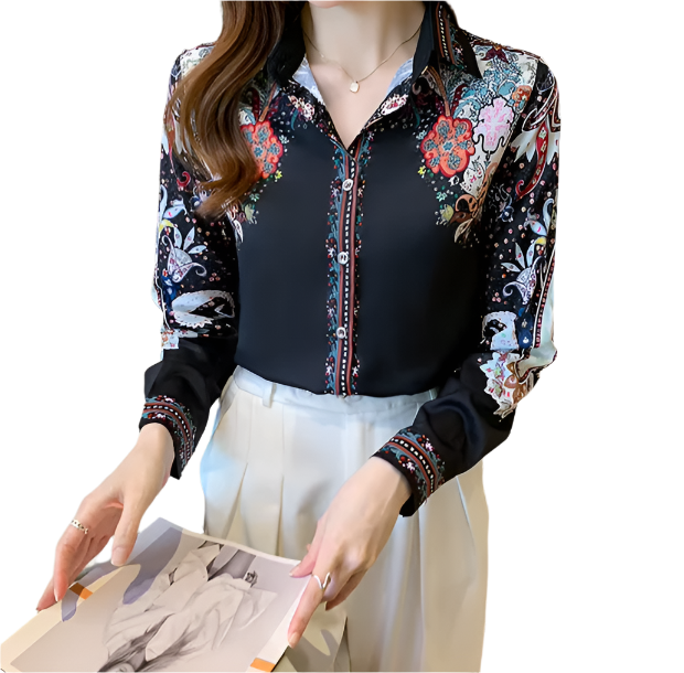 Trendy & Elegant Printed Silk Long Sleeved Women's Shirts - B6-TOP-B677