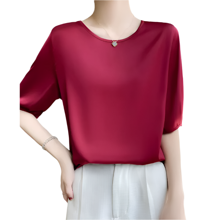 Trendy Round Neck Solid Color Luxurious Acetate Satin Versatile Women's Blouse- B6-TOP-B618