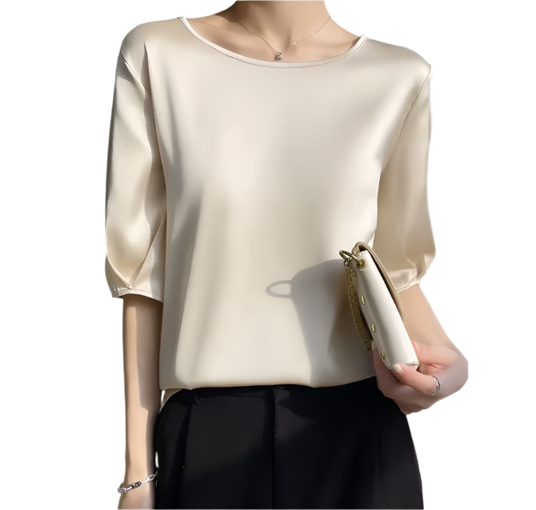 Trendy Round Neck Solid Color Luxurious Acetate Satin Versatile Women's Blouse- B6-TOP-B618