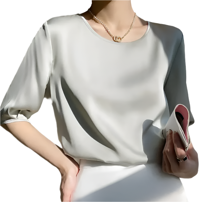 Trendy Round Neck Solid Color Luxurious Acetate Satin Versatile Women's Blouse- B6-TOP-B618