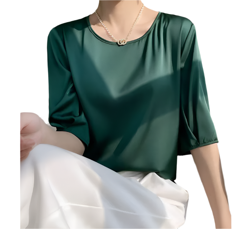 Trendy Round Neck Solid Color Luxurious Acetate Satin Versatile Women's Blouse- B6-TOP-B618