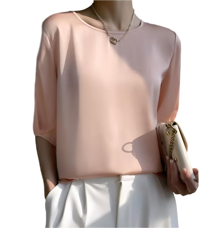 Trendy Round Neck Solid Color Luxurious Acetate Satin Versatile Women's Blouse- B6-TOP-B618