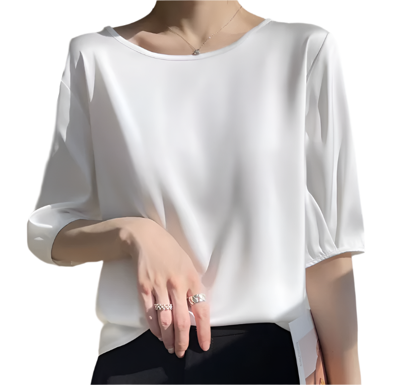 Trendy Round Neck Solid Color Luxurious Acetate Satin Versatile Women's Blouse- B6-TOP-B618