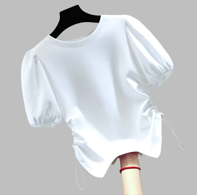Round Neck Slim Waist Versatile Bubble Sleeve Women's T-shirt -B6-TOP-B662