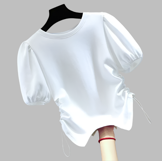 Round Neck Slim Waist Versatile Bubble Sleeve Women's T-shirt -B6-TOP-B662