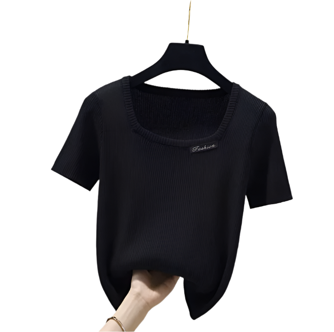 Square Neck Ice Silk Knitted Short Sleeve Women's T-shirt Blouse- B6-TOP-B654