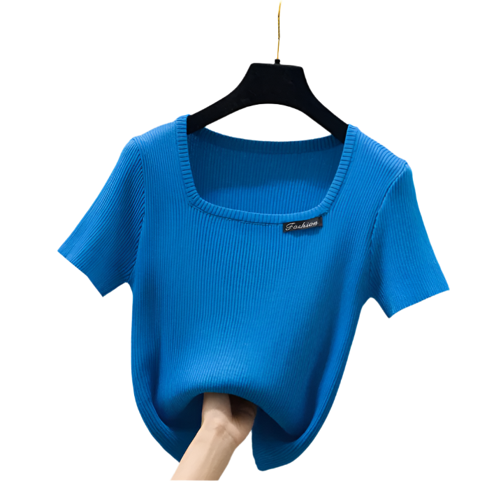 Square Neck Ice Silk Knitted Short Sleeve Women's T-shirt Blouse- B6-TOP-B654