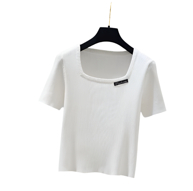 Square Neck Ice Silk Knitted Short Sleeve Women's T-shirt Blouse- B6-TOP-B654