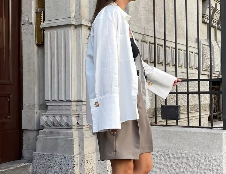 Trendy Double Chest Pockets Long Sleeve White Shirt TOP-B1-BL-238