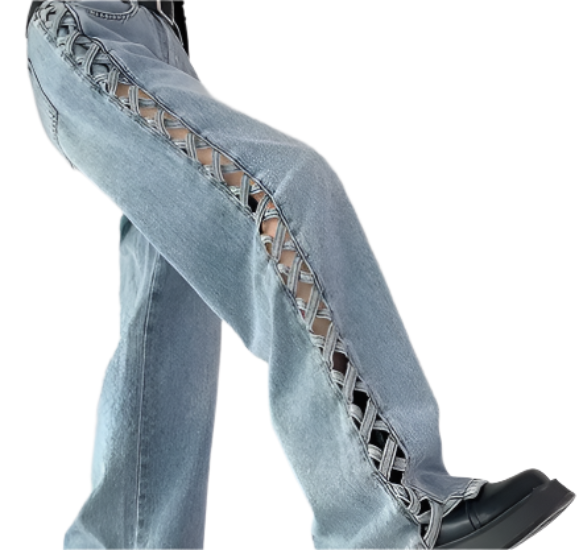Trendy High Waist Hollow Out Criss-Cross Pattern Women's Jeans -B6-JP-623