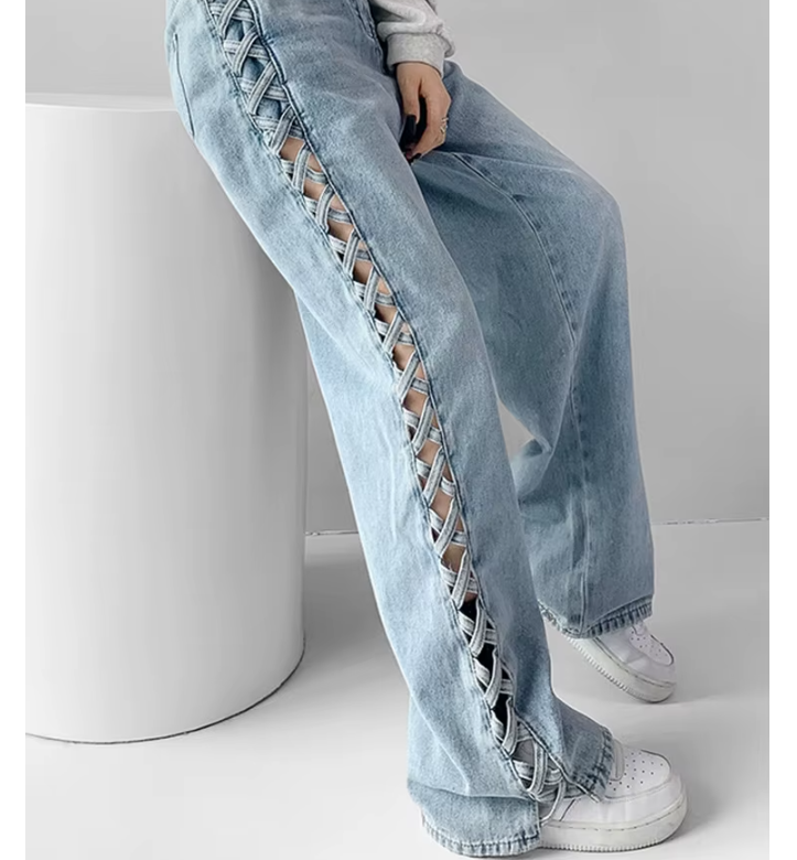 Trendy High Waist Hollow Out Criss-Cross Pattern Women's Jeans -B6-JP-623