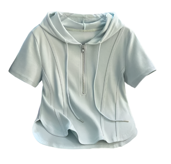 Trendy Zipped Hooded Short Sleeve Tops for Women- B6-TOP-B667