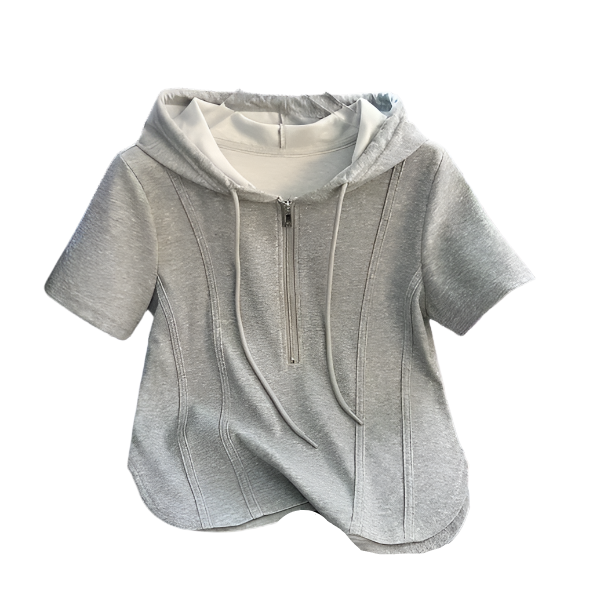 Trendy Zipped Hooded Short Sleeve Tops for Women- B6-TOP-B667