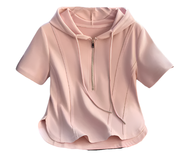 Trendy Zipped Hooded Short Sleeve Tops for Women- B6-TOP-B667