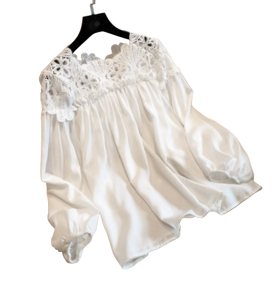 Trendy Lace Shoulder Long Puff Sleeve Blouse for Women -B1-TOP-BL406