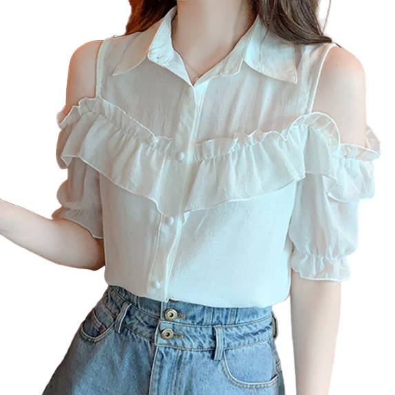 Trendy Off Shoulder Puff Short Sleeve Ruffled Blouse for Women - B1-TOP-BL403