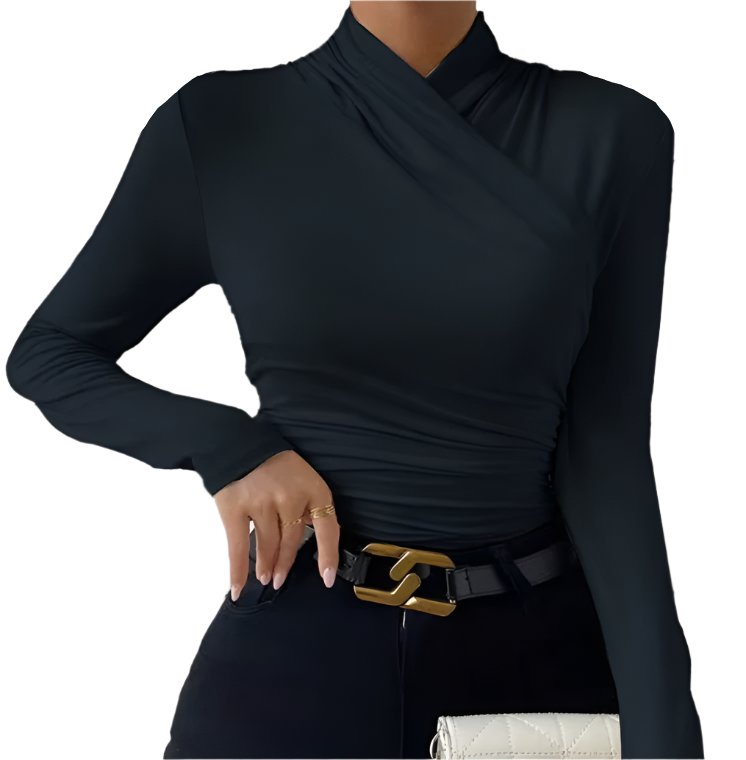 Trendy Pleated Crossing Collar Long Sleeve Slim-fit Woman's Shirt TOP-B1-BL-234