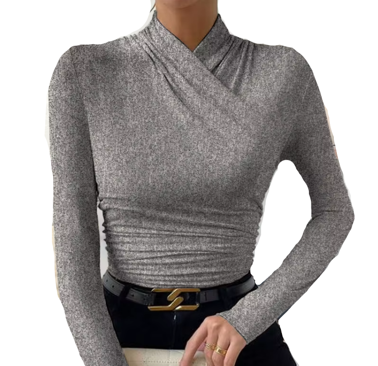 Trendy Pleated Crossing Collar Long Sleeve Slim-fit Woman's Shirt TOP-B1-BL-234