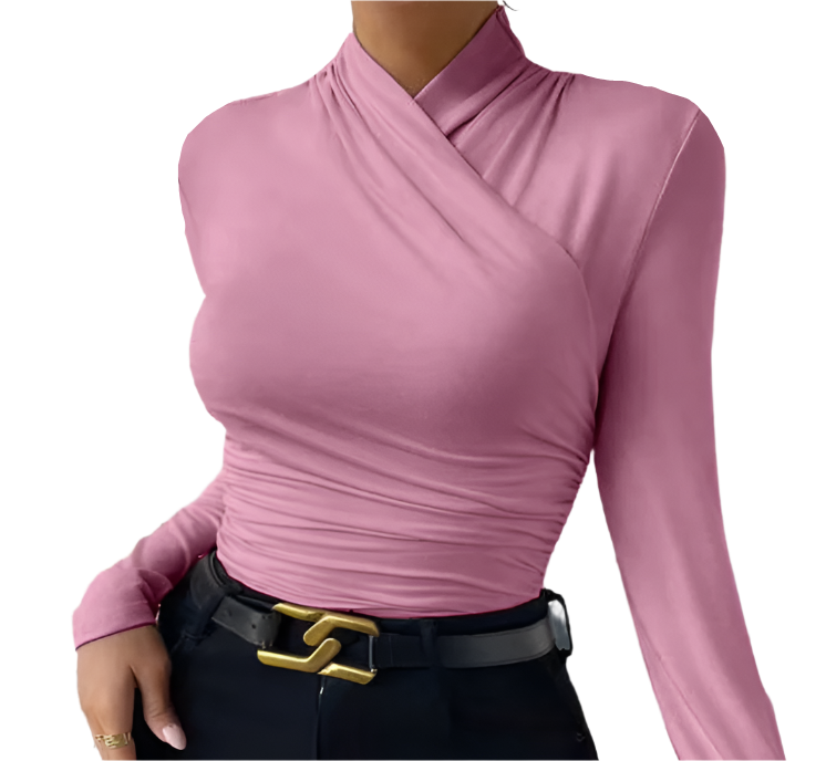 Trendy Pleated Crossing Collar Long Sleeve Slim-fit Woman's Shirt TOP-B1-BL-234