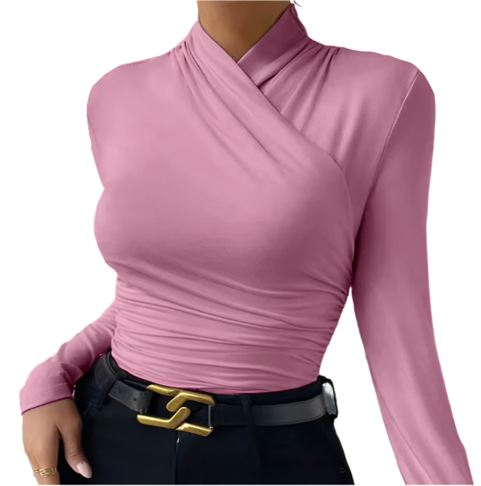 Trendy Pleated Crossing Collar Long Sleeve Slim-fit Woman's Shirt TOP-B1-BL-234