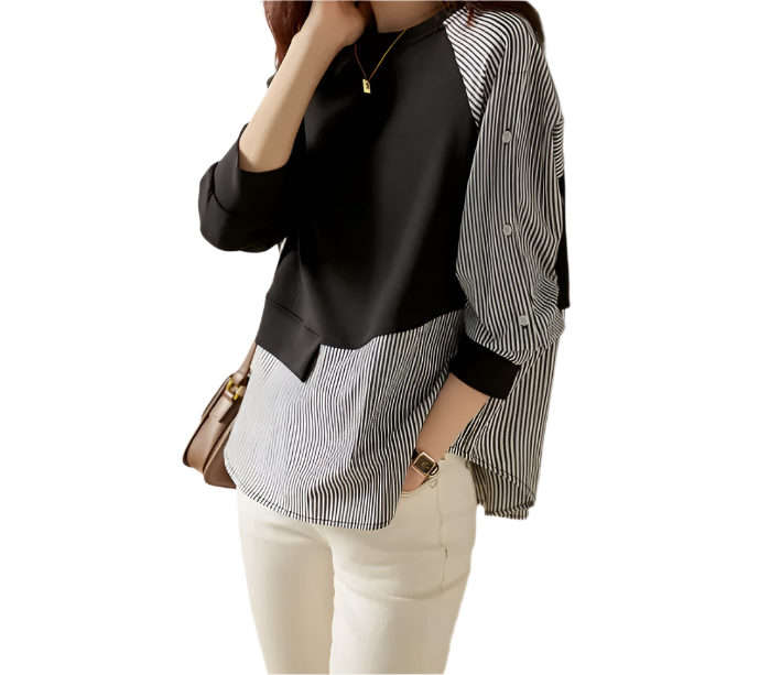 Round Neck Irregular Striped Patchwork Two-tone Cotton Shirt Hoodies - B6-TOP-B672