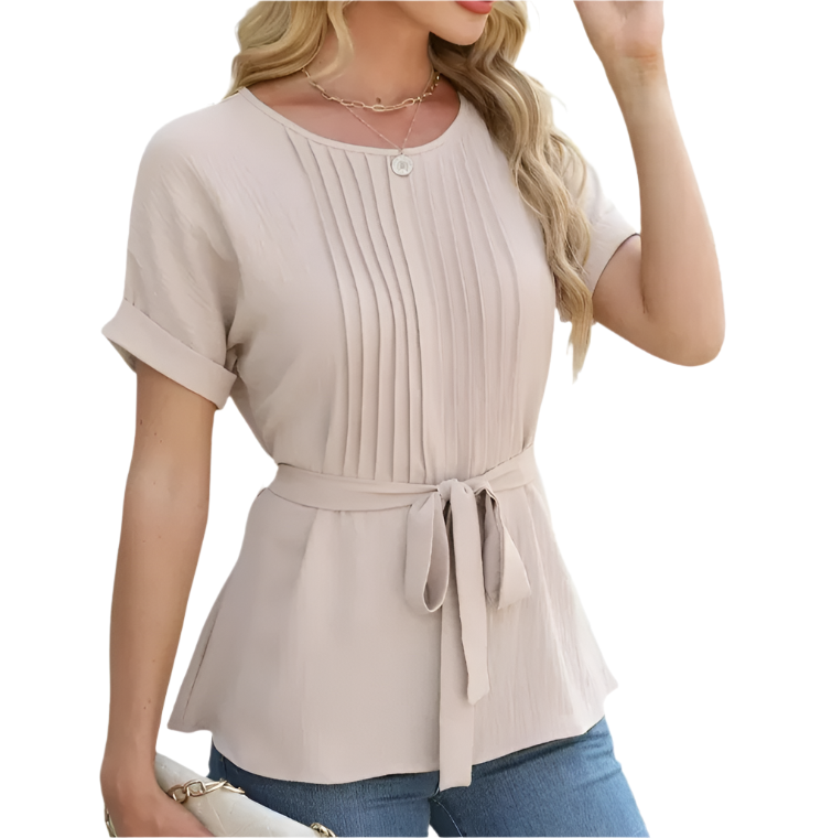 Trendy Short-sleeve Pleated Neck Front Waist Belt Blouse for Women-TOP-B1-BL-237