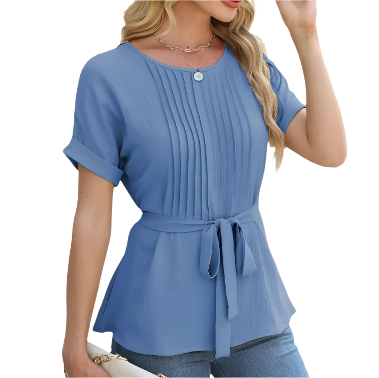 Trendy Short-sleeve Pleated Neck Front Waist Belt Blouse for Women-TOP-B1-BL-237