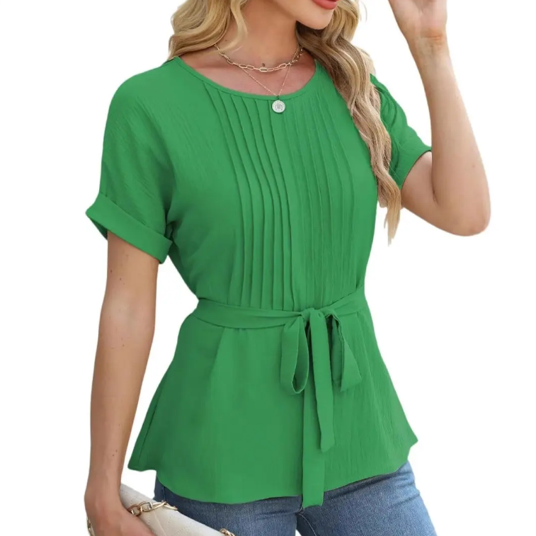 Trendy Short-sleeve Pleated Neck Front Waist Belt Blouse for Women-TOP-B1-BL-237