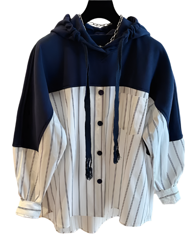 Trendy Striped Hooded Sweater Loose Fit Two-Tone Women's Shirts - B6-TOP-B696