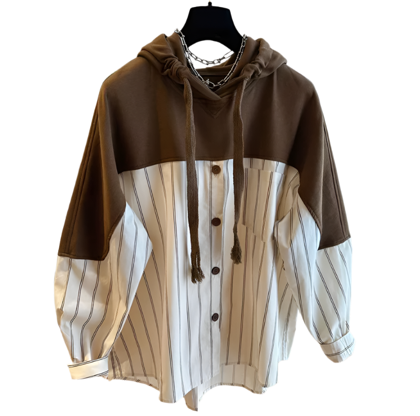 Trendy Striped Hooded Sweater Loose Fit Two-Tone Women's Shirts - B6-TOP-B696