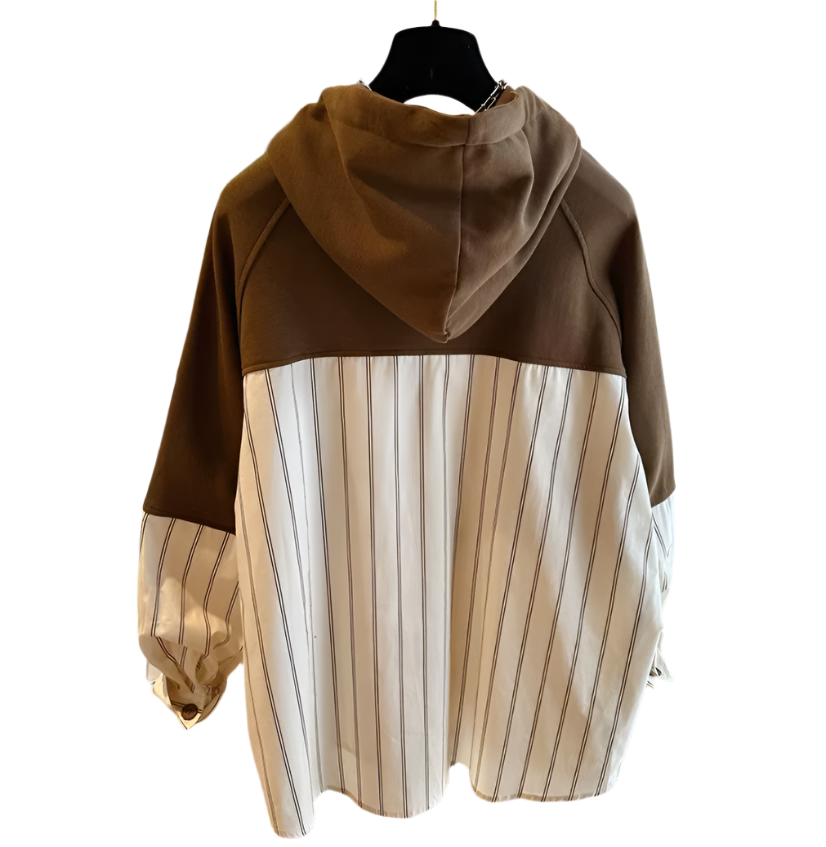 Trendy Striped Hooded Sweater Loose Fit Two-Tone Women's Shirts - B6-TOP-B696