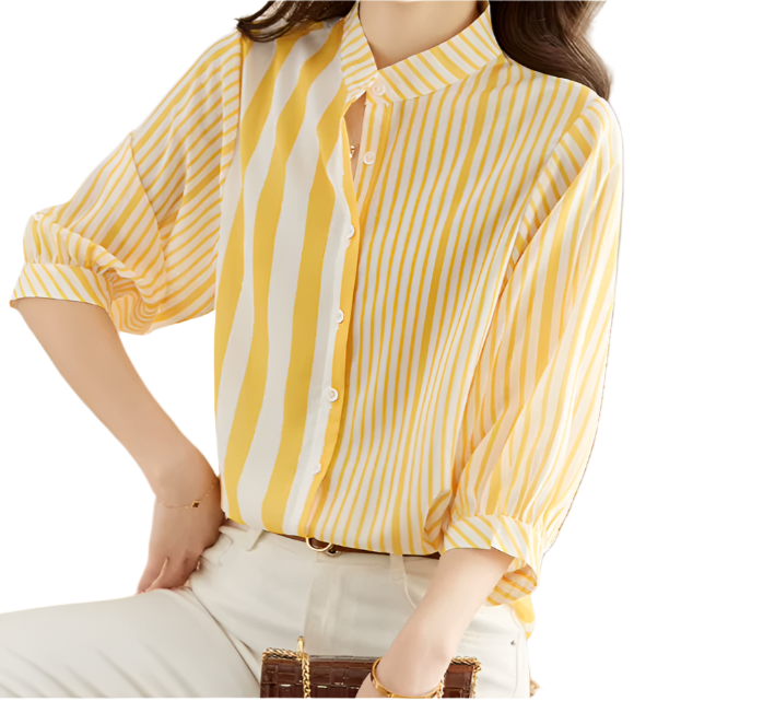 Trendy Striped Stand Up Collar Versatile Loose Fit Women's Shirts - B6-TOP-B678