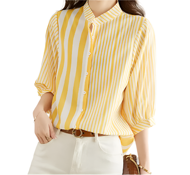 Trendy Striped Stand Up Collar Versatile Loose Fit Women's Shirts - B6-TOP-B678