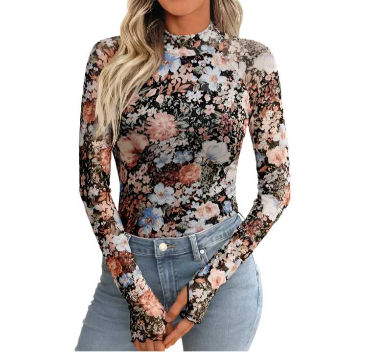 Trendy & Elegant Long Sleeve Floral Top For Woman TOP-B1-BL-243