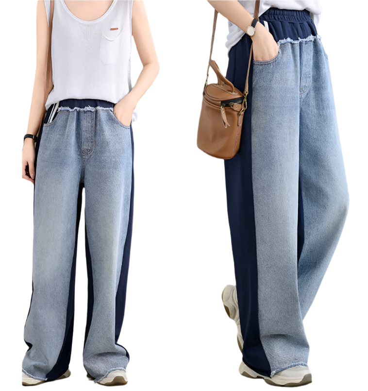 Trendy Two-Tone High Waist Wide Leg Women's Jogger Jeans -B6-JP-618