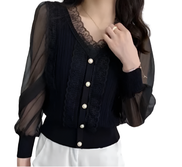 Trendy & Elegant Laced V-neck Shirt TOP-B1-BL-268