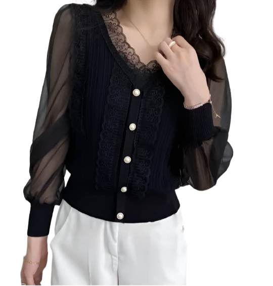 Trendy & Elegant Laced V-neck Shirt TOP-B1-BL-268