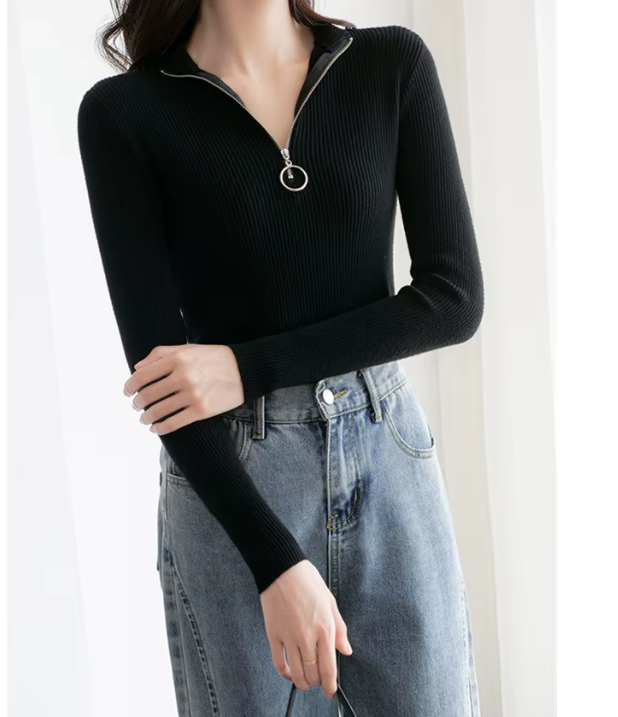 Trendy & Elegant Women's Shirt Long Sleeve Lapel Collar Zip-Up B2-BL-1023