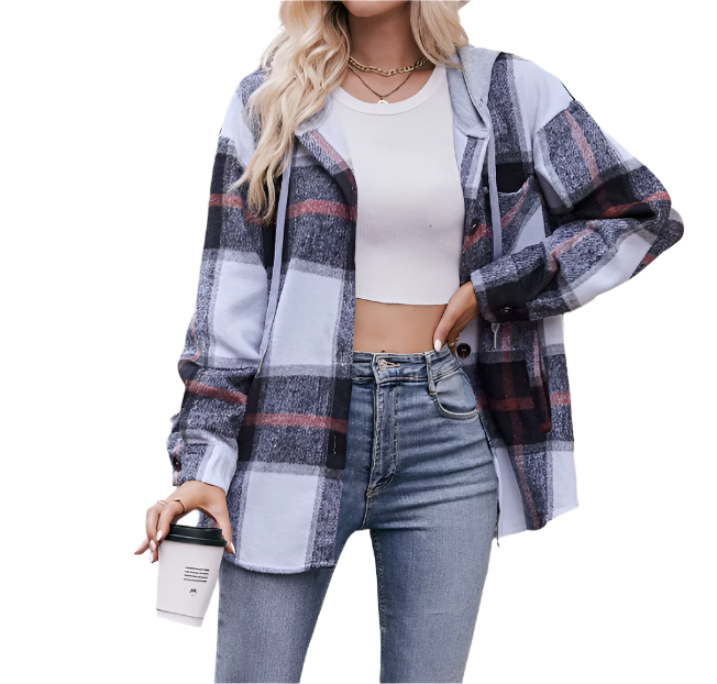 Trendy & Timeless Checked Print Hooded Women's Shirt - TOP-B1-BL-271