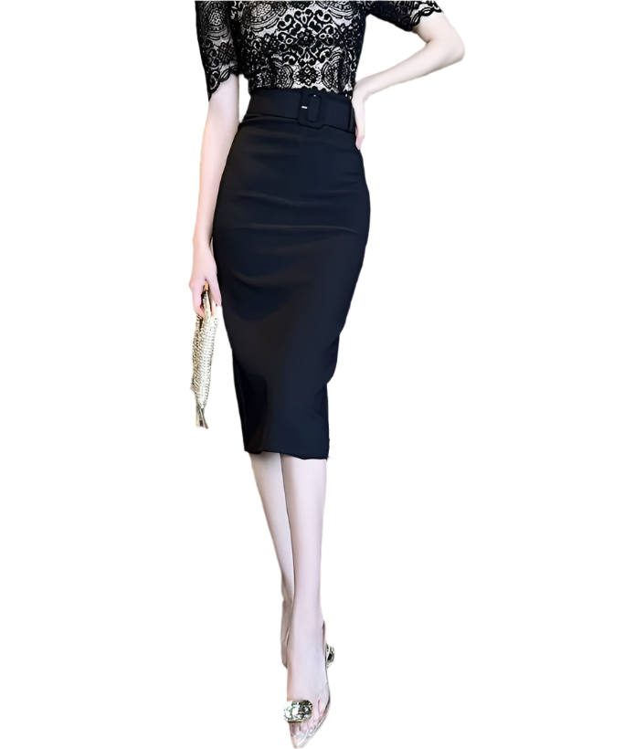 Trendy & Timeless Women's Back Split High Waist Pencil Skirt With Belt - B4-SKT-23