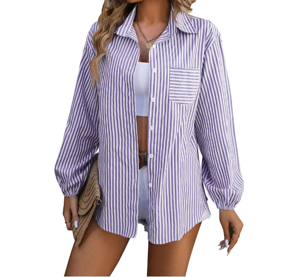 Trendy & Timeless Women's Long Sleeve Collar Striped Shirt TOP-B1-BL-259