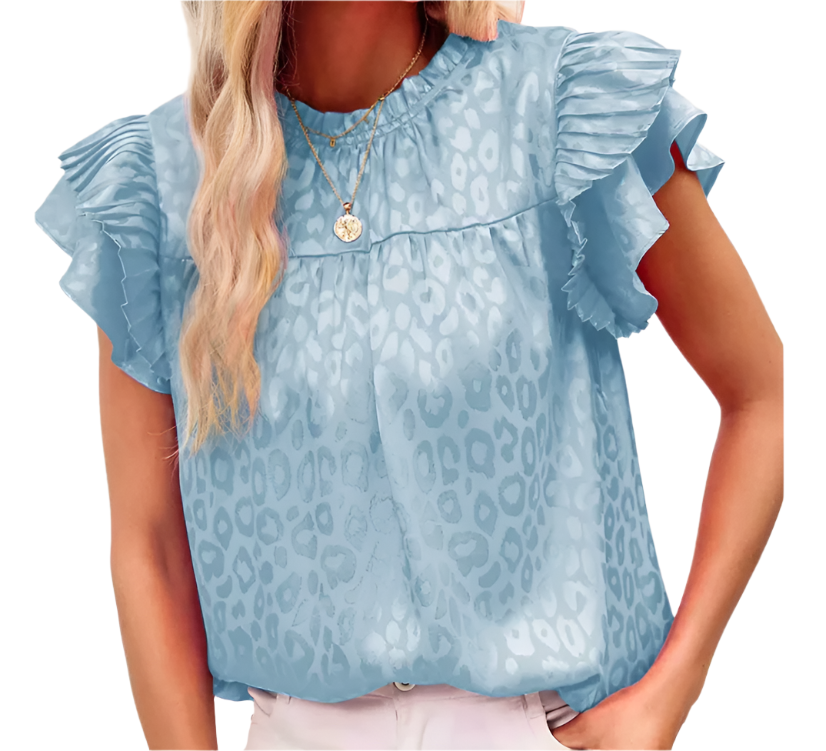 Trendy & Versatile Leopard Self-Print Ruffle Sleeve Wave Neck Blouse TOP-B1-BL-246