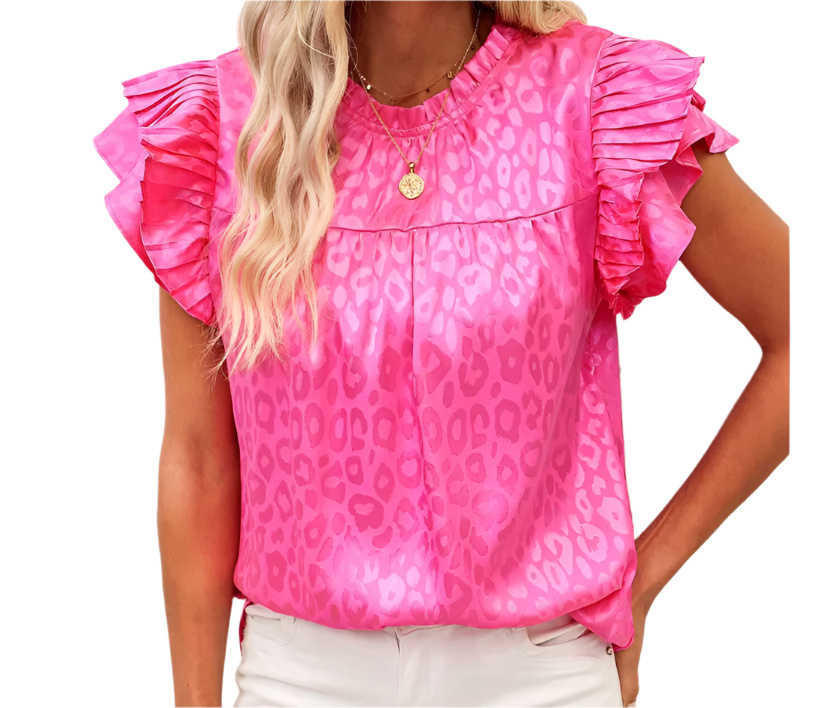 Trendy & Versatile Leopard Self-Print Ruffle Sleeve Wave Neck Blouse TOP-B1-BL-246