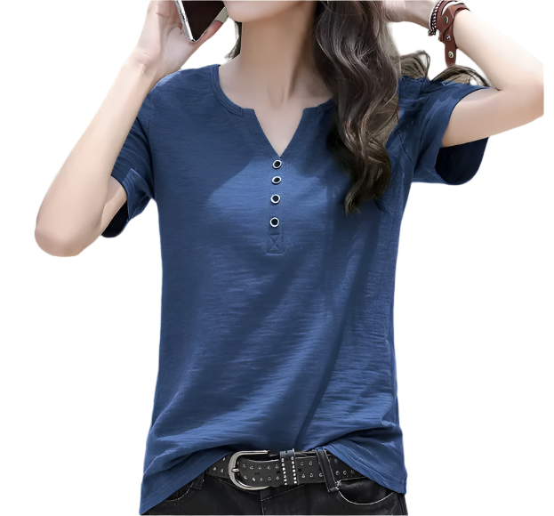 Women’s Cotton Short Sleeve V-neck Button SHIRT-BL141